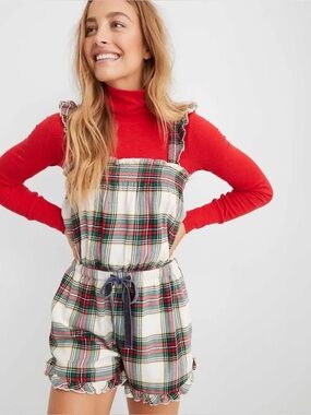 Aerie Red Green Plaid Sleepwear Flannel Romper Ruffle Straps Size Small Women’s